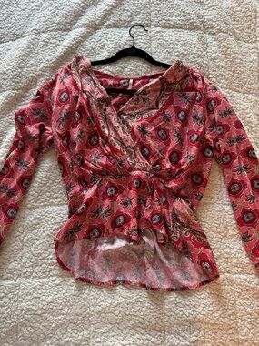 Free People Red Floral Paisley Wrap Top